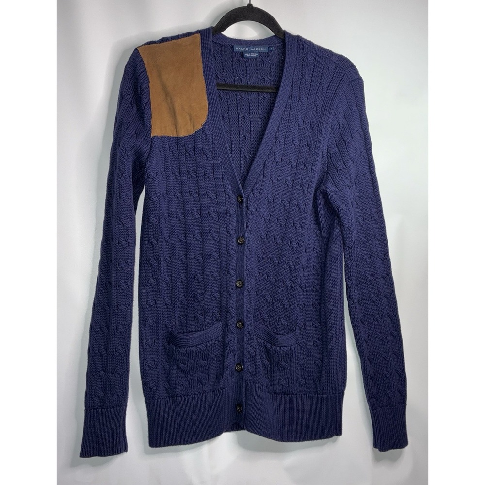 Ralph Lauren VTG Women's Large Navy Cable Knit Cardigan Sweater Front Rt Patch